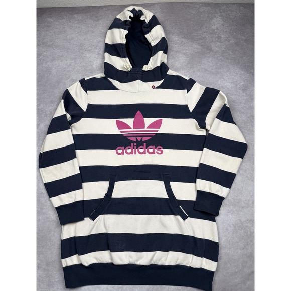 adidas Tops - VTG Adidas Hoodie Womens Large‎ Navy White Striped Trefoil Logo Sweatshirt